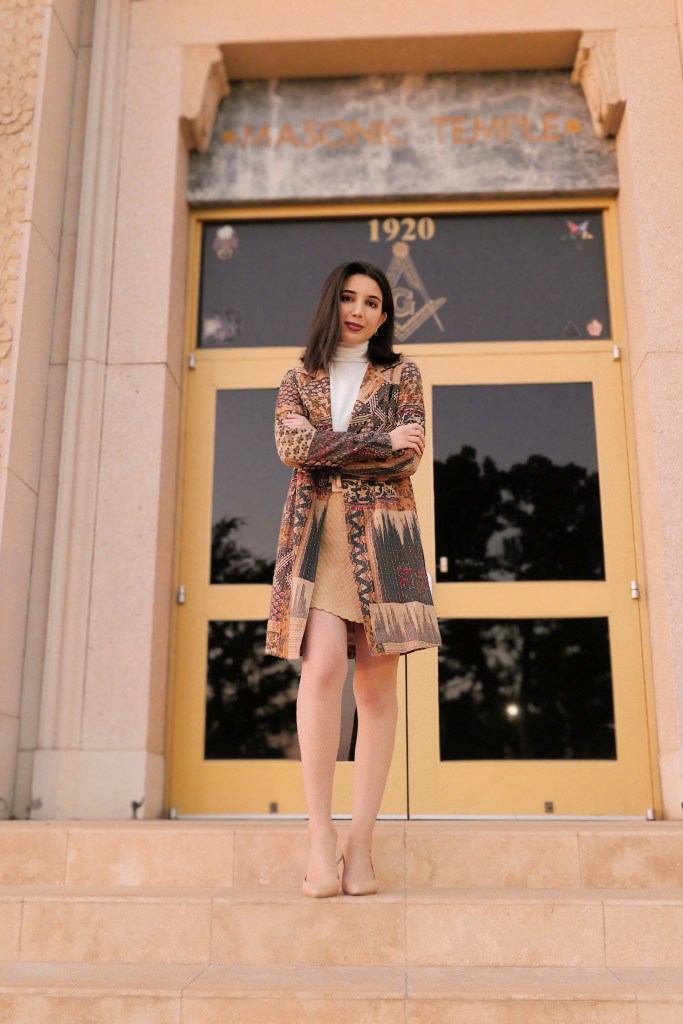 patchwork coat, quilted coat, topper coat, Fifteen Twenty, patterned coat, white turtleneck, Zara, Zara turtleneck, knit skirt, waist belt, satin belt, vintage earrings, neutral outfit, monochrome outfit, winter wear, winter wardrobe, winter fashion, winter 2020, fashion blogger, blogger style, nude pumps, avant garde, historic architecture, gilded age architecture, jazz age architecture,