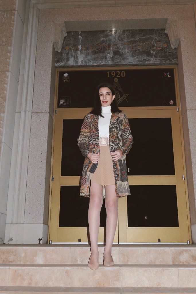 patchwork coat, quilted coat, topper coat, Fifteen Twenty, patterned coat, white turtleneck, Zara, Zara turtleneck, knit skirt, waist belt, satin belt, vintage earrings, neutral outfit, monochrome outfit, winter wear, winter wardrobe, winter fashion, winter 2020, fashion blogger, blogger style, nude pumps, avant garde, historic architecture, gilded age architecture, jazz age architecture,