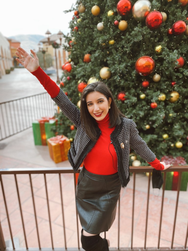 Christmas, Christmas outfit, holiday style, holiday fashion, tweed, Chanel, Chanel tweed, red turtleneck, turtleneck, pearl earrings, over the knee boots, suede boots, Nordstrom boots, Christmas tree, festive fashion, festive, cameo, brooch, leather skirt, Zara