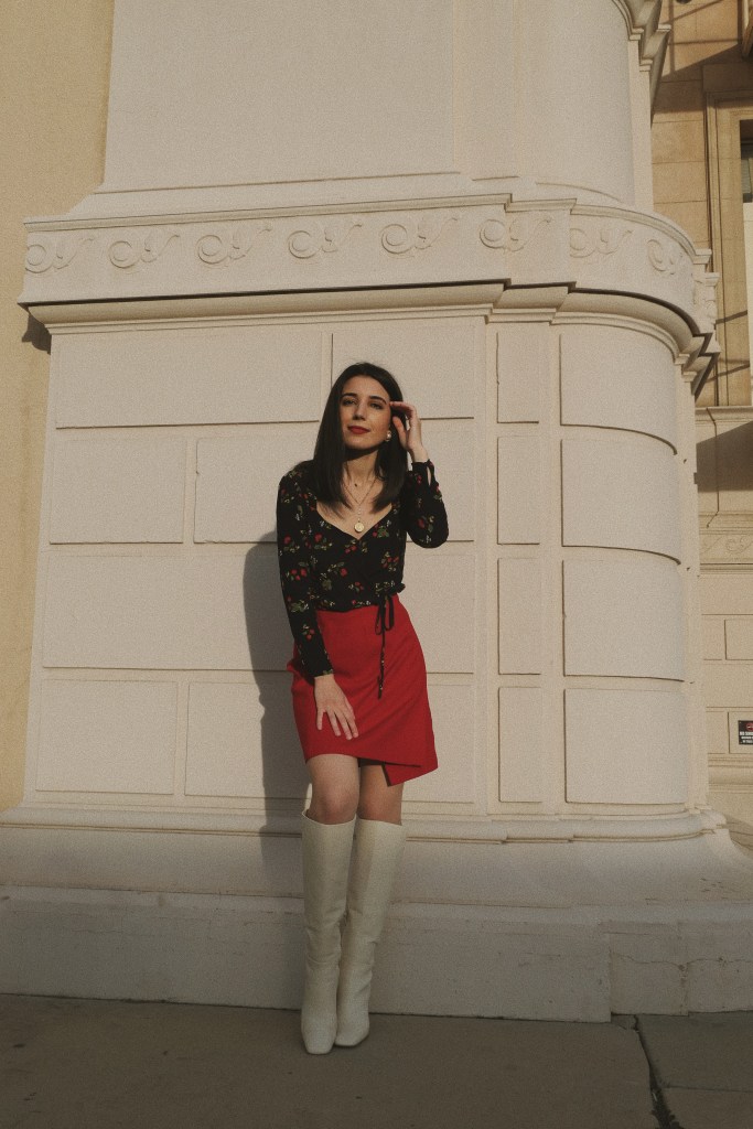 Aritzia Top, Aritzia, sweetheart neckline, sweeheart top, puffy sleeves, red skirt, midi skirt, wool skirt, skirt slit, Gorjana necklace, Gorjana, mod, mod style, ‘60s fashion, go-go boots, white boots, knee-high boots, white knee-high boots, Stuart Weitzman, fashion blogger, what I wore, wiw, outfit of the day, ootd, Tezza App