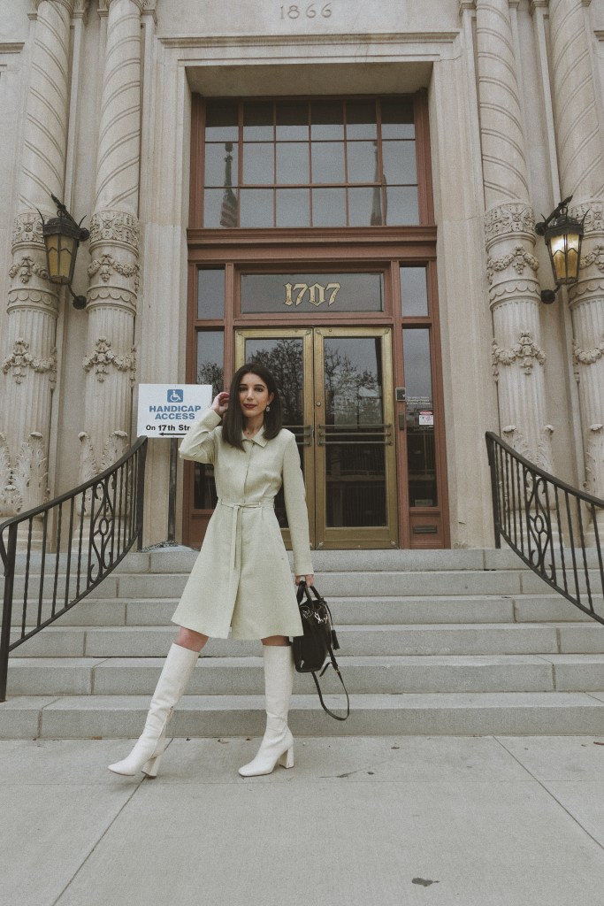 Pistachio dress, trench coat dress, green dress, Barneys New York, rhinestone earrings, midi dress, mid-length dress, button-down dress, vintage, vintage dress, vintage finds, mod, mod style, ‘60s fashion, go-go boots, white boots, knee-high boots, white knee-high boots, Stuart Weitzman, fashion blogger, what I wore, wiw, outfit of the day, ootd, Tezza App