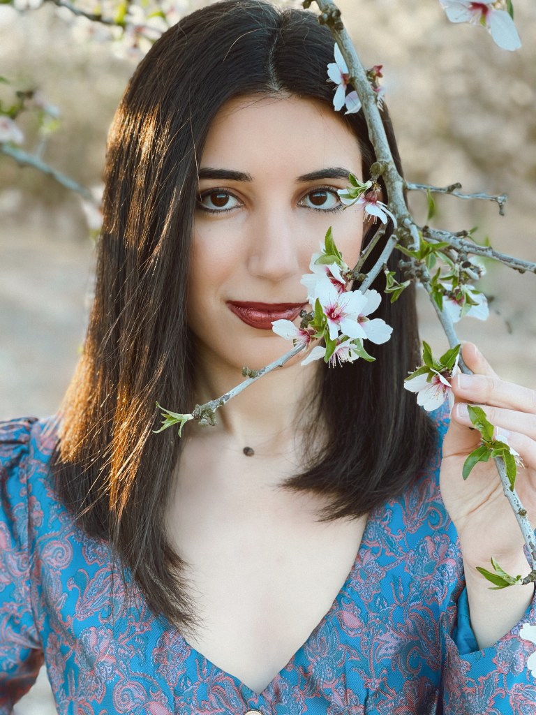 Bridgerton, Bridgerton style, puffy sleeves, regencycore, cottagecore, Revolve, Majorelle, Simple Retro, high waist pants, statement top, paisley, sweetheart neckline, jacquard print, jacquard top, pearl earrings, vintage fashion, vintage style, Central Valley blossoms, ootd, outfit of the day, spring style, spring style 2021, spring fashion, spring editorial