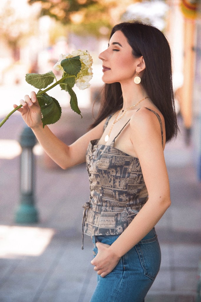 artsy top, corset top, printed top, statement top, Reformation, sustainable fashion, Uncommon James, Gorjana, fashion, summer style, summer 2021 style, outfit ideas, style diary, Boyish Jeans, high waist jeans, wide leg jeans