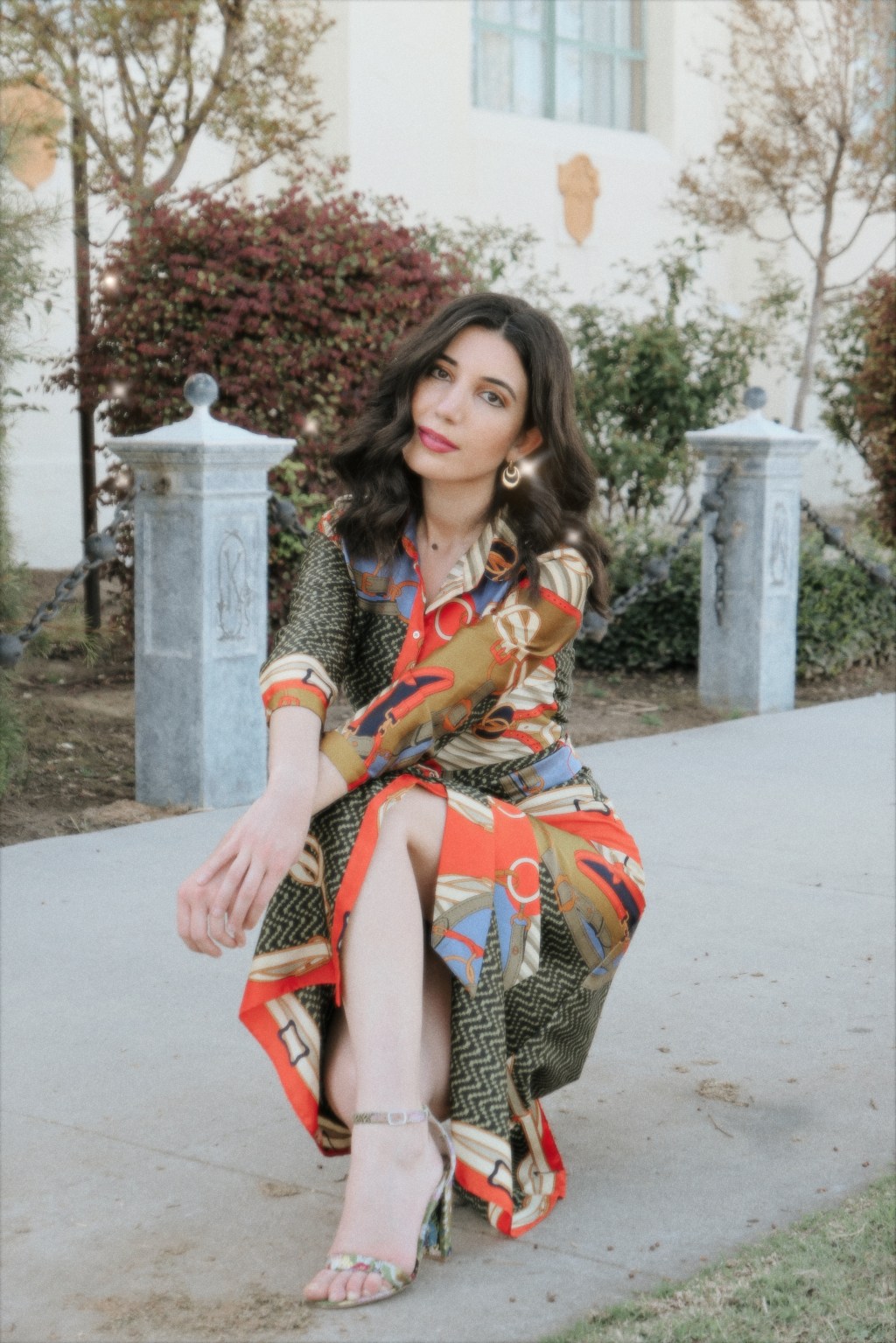 scarf print, scarf print dress, silk scarf, Versace, vintage Versace, Italian style, Italian fashion, outfit of the day, style diary, outfit inspiration, what I wore today, curly hair, gold earrings, vintage earrings, jacquard print, statement dress, jacquard shoes, strappy heels, historical buildings, Bakersfield, Kern County