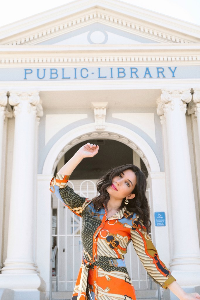 scarf print, scarf print dress, silk scarf, Versace, vintage Versace, Italian style, Italian fashion, outfit of the day, style diary, outfit inspiration, what I wore today, curly hair, gold earrings, vintage earrings, jacquard print, statement dress, jacquard shoes, strappy heels, historical buildings, Bakersfield, Kern County