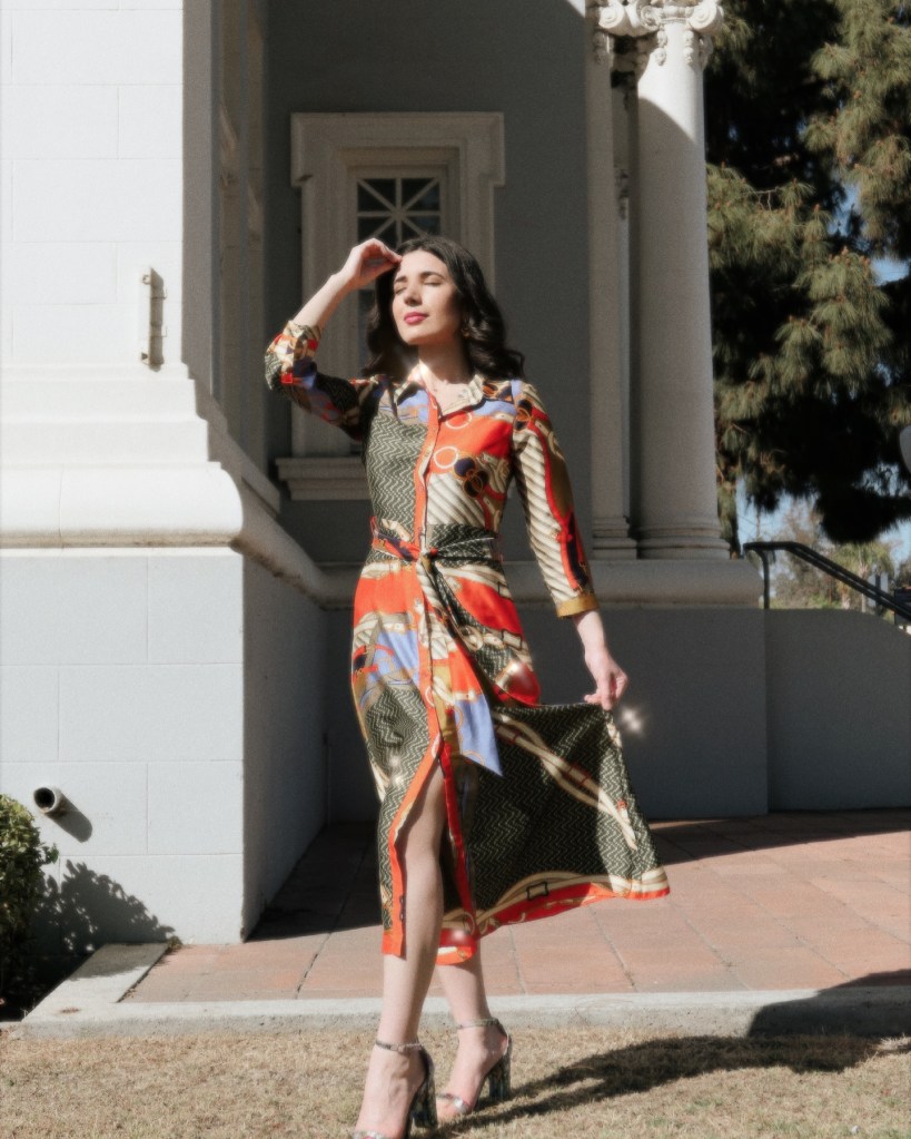 scarf print, scarf print dress, silk dress, button down, button down dress, maxi dress, Zara, Zara dress, Versace, Steve Madden, floral shoes, curly hair, fashion blogger, style diary, summer style, what I wore
