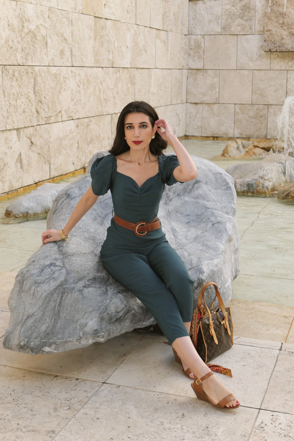 Getty Museum, Getty Center, The Getty, museum, art, Los Angeles, LA, LA museums, things to do in LA, Zara, Zara jumpsuit, jumpsuit, Louis Vuitton, outfit of the day, ootd, what I wore, brown leather belt, silk scarf