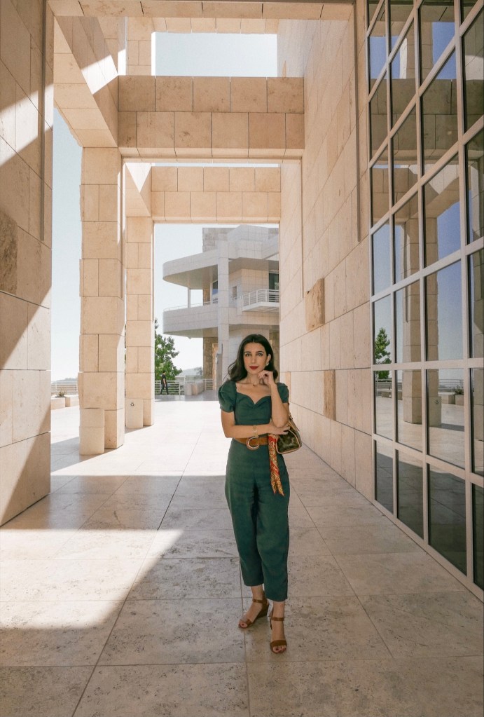 Getty Museum, Getty Center, The Getty, museum, art, Los Angeles, LA, LA museums, things to do in LA, Zara, Zara jumpsuit, jumpsuit, Louis Vuitton, outfit of the day, ootd, what I wore, brown leather belt, silk scarf