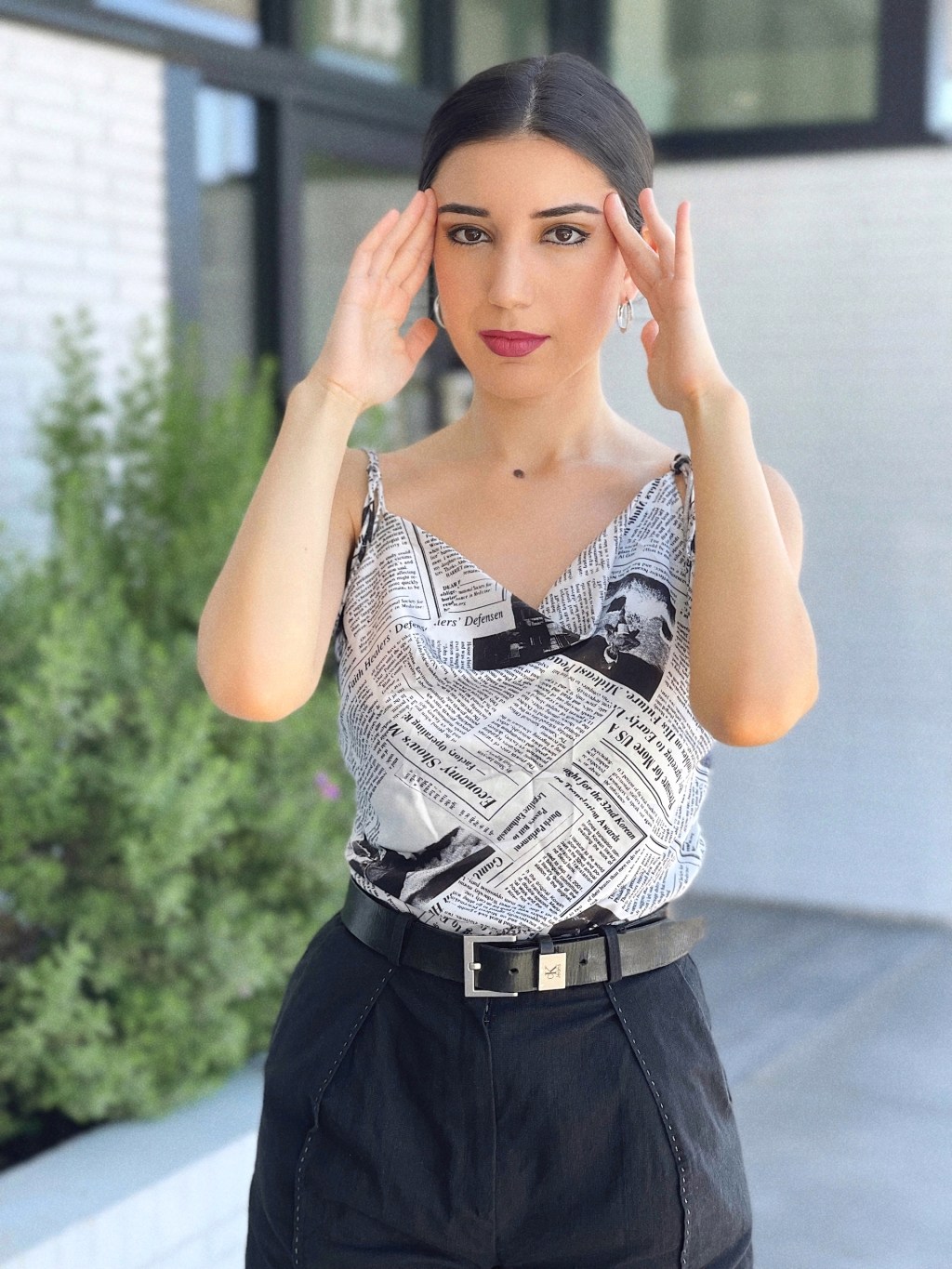 newspaper top, newspaper dress, sex and the city, Carrie Bradshaw, Carrie Bradshaw style, Darren Star, silk top, black leather bag, fashion blogger, fashion blogging, what I wore, outfit of the day, chic style, lifestyle blogger, luxury lifestyle, black leather belt, Calvin Klein, Anne Klein, high waist shorts, linen shorts, bermuda shorts, silver hoop earrings,