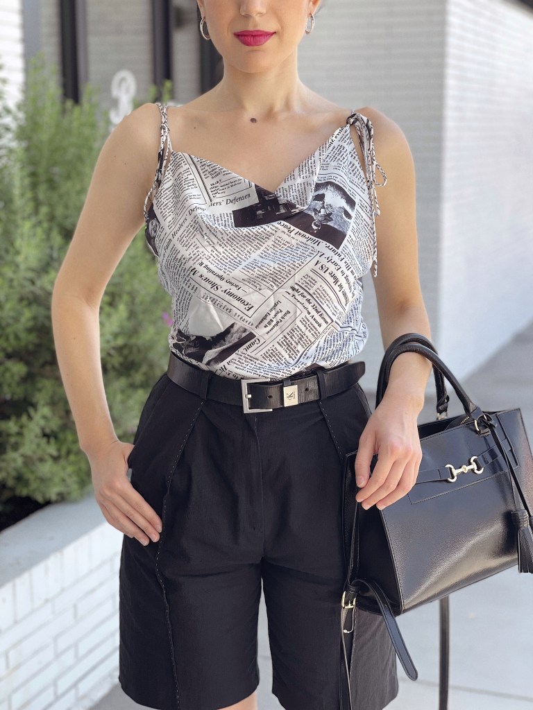 newspaper top, newspaper dress, sex and the city, Carrie Bradshaw, Carrie Bradshaw style, Darren Star, silk top, black leather bag, fashion blogger, fashion blogging, what I wore, outfit of the day, chic style, lifestyle blogger, luxury lifestyle, black leather belt, Calvin Klein, Anne Klein, high waist shorts, linen shorts, bermuda shorts, silver hoop earrings,