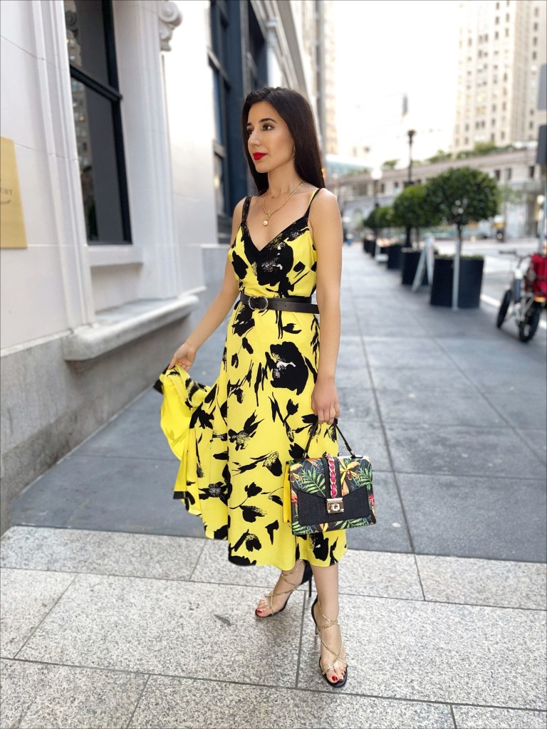 Jason Wu, Emily in Paris, Emily Cooper, floral dress, Ganni dress, Emily in Paris yellow dress, Aldo, Jennifer Lopez shoes, Chanel, gold chain necklace, vintage, maxi dress, summer dress, sundress, San Francisco style