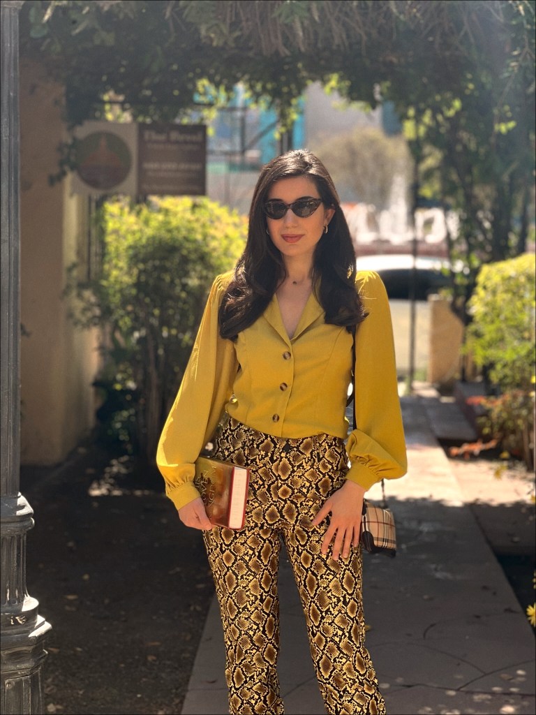 animal print, snakeskin pants, snake print, Edwardian top, Edwardian fashion, '80s top, shoulder pads, button down, tortoise shell, Good American, early 2000s fashion, early Otts, Y2K fashion, Christina Aguilera animal print pants