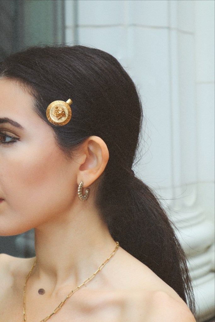 Versace, Gorjana, Uncommon James, scarf top, Medusa, gold hoop, asymmetrical skirt, asymmetrical, over-the-knee boots, suede boots, Fendace