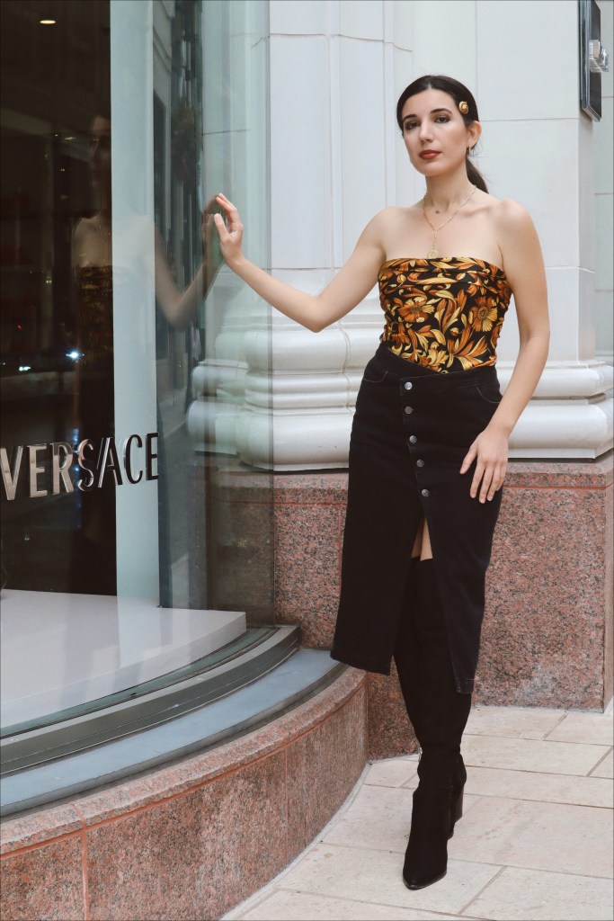Versace, Gorjana, Uncommon James, scarf top, Medusa, gold hoop, asymmetrical skirt, asymmetrical, over-the-knee boots, suede boots, Fendace