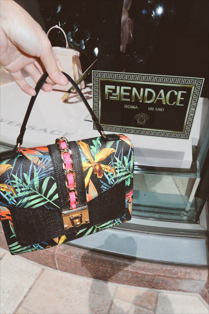 Versace, Gorjana, Uncommon James, scarf top, Medusa, gold hoop, asymmetrical skirt, asymmetrical, over-the-knee boots, suede boots, Fendace