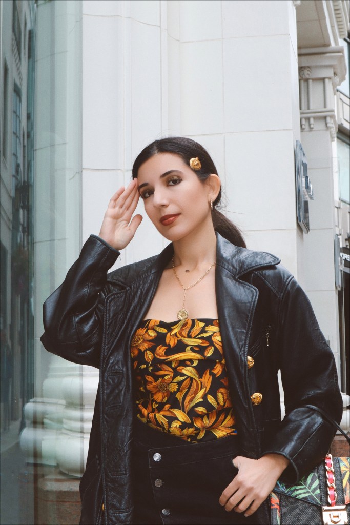 Versace, Gorjana, Uncommon James, scarf top, Medusa, gold hoop, asymmetrical skirt, asymmetrical, over-the-knee boots, suede boots, Fendace