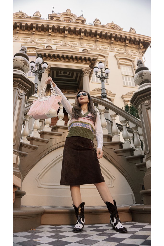 cowboy boots, sweater vest, Ganni, Coach, equestrian, preppy, suede skirt, Ralph Lauren, runway, fashion week, fall fashion, Sacramento, Stanford Mansion, California style, CA
