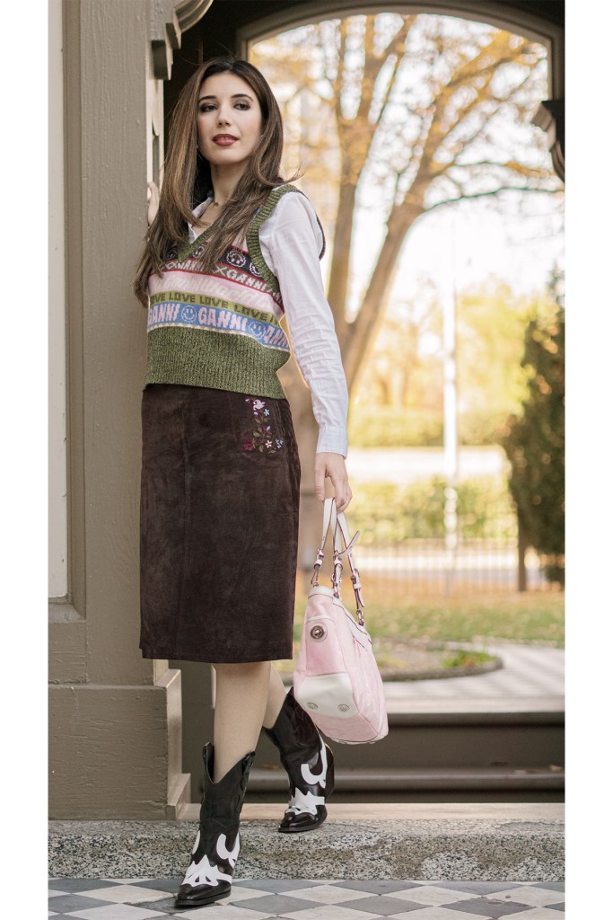 cowboy boots, sweater vest, Ganni, Coach, equestrian, preppy, suede skirt, Ralph Lauren, runway, fashion week, fall fashion, Sacramento, Stanford Mansion, California style, CA