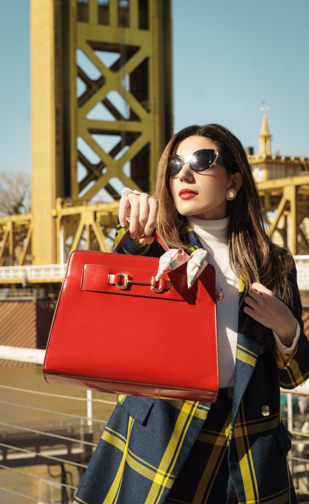 Sacramento, Tower Bridge, California capital, travel, fashion, skirt suit, plaid, Milly, Burberry, Etro, fashion month, Milan Fashion Week, London Fashion Week, fashion week trends, red bag, white boots, knee-high boots, square toe boots, turtleneck, European fashion, British fashion
