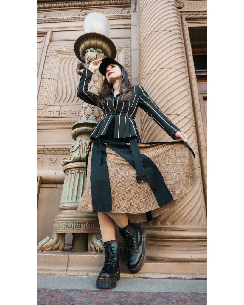 indie sleaze, late aughts, late aughts style, 2010s, Dr. Martens, combat boots, plaid, rokh, peplum, blazer, Mrs. Self Portrait, Ralph Lauren, baseball cap, midi skirt, neutrals, fashion week, fashion month, London Fashion Week, Paris Fashion Week, street style, winter style, autumn/winter 2023