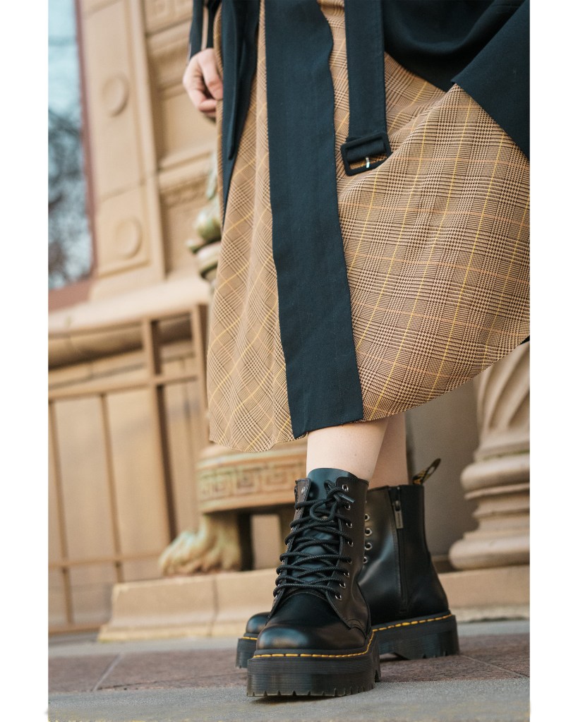 indie sleaze, late aughts, late aughts style, 2010s, Dr. Martens, combat boots, plaid, rokh, peplum, blazer, Mrs. Self Portrait, Ralph Lauren, baseball cap, midi skirt, neutrals, fashion week, fashion month, London Fashion Week, Paris Fashion Week, street style, winter style, autumn/winter 2023