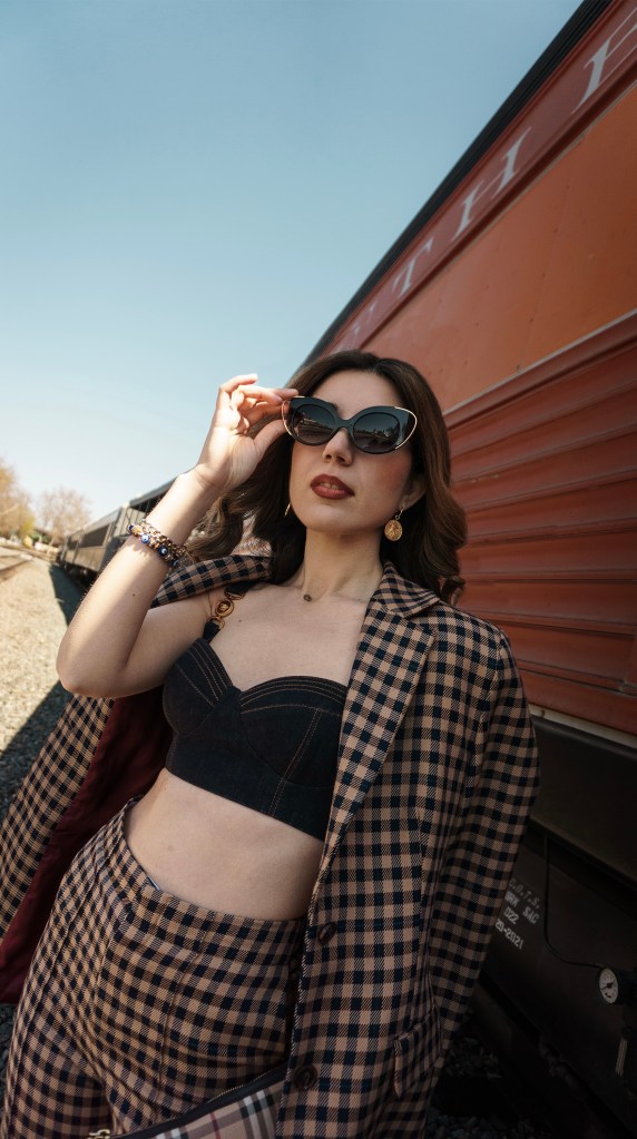 spring style, denim, denim top, Versace, Tommy Hilfiger, suit, plaid suit, plaid, three-piece suit, how to wear, vintage shoes, shop secondhand, sustainable style, Uncommon James, minimalism, quiet luxury, Sacramento, California style