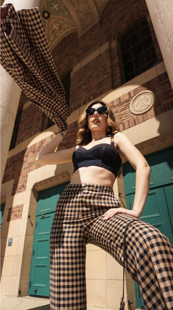 spring style, denim, denim top, Versace, Tommy Hilfiger, suit, plaid suit, plaid, three-piece suit, how to wear, vintage shoes, shop secondhand, sustainable style, Uncommon James, minimalism, quiet luxury, Sacramento, California style