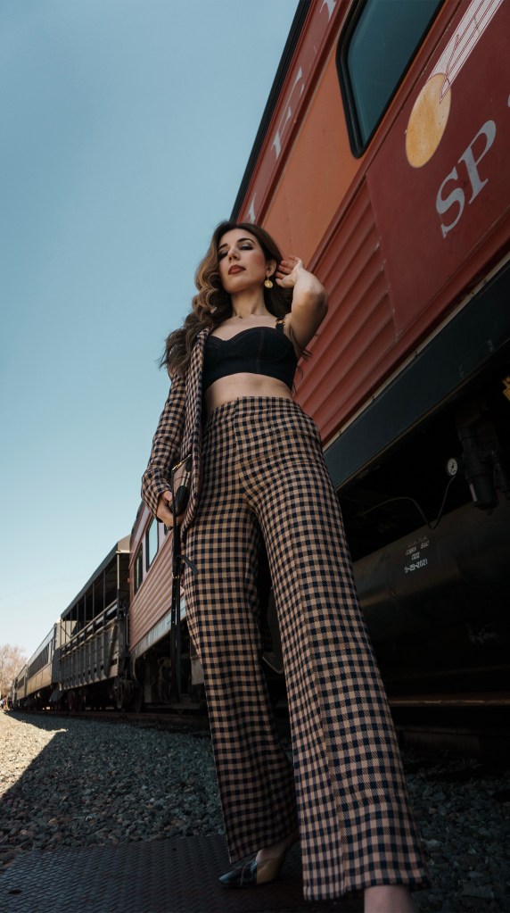 spring style, denim, denim top, Versace, Tommy Hilfiger, suit, plaid suit, plaid, three-piece suit, how to wear, vintage shoes, shop secondhand, sustainable style, Uncommon James, minimalism, quiet luxury, Sacramento, California style