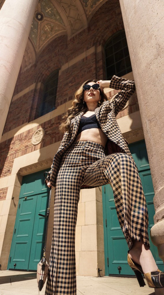 spring style, denim, denim top, Versace, Tommy Hilfiger, suit, plaid suit, plaid, three-piece suit, how to wear, vintage shoes, shop secondhand, sustainable style, Uncommon James, minimalism, quiet luxury, Sacramento, California style