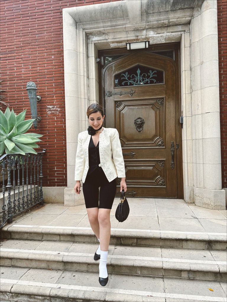 Chanel Cruise 2024, Chanel, Chanel Los Angeles, runway, Chanel Hollywood, vintage, vintage Chanel, biker shorts, vest, vintage earrings, tuxedo, Los Angeles, Beverly Hills, fashion, fashion blogger, outfit idea, ootd