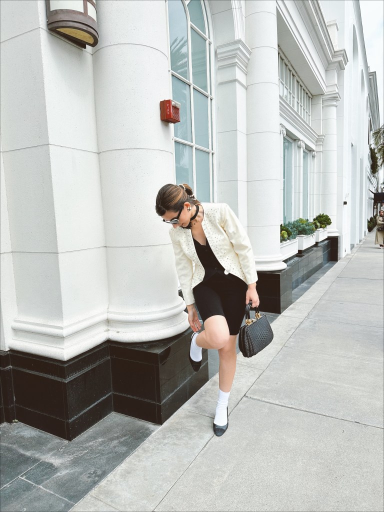 Chanel Cruise 2024, Chanel, Chanel Los Angeles, runway, Chanel Hollywood, vintage, vintage Chanel, biker shorts, vest, vintage earrings, tuxedo, Los Angeles, fashion, fashion blogger, outfit idea, ootd